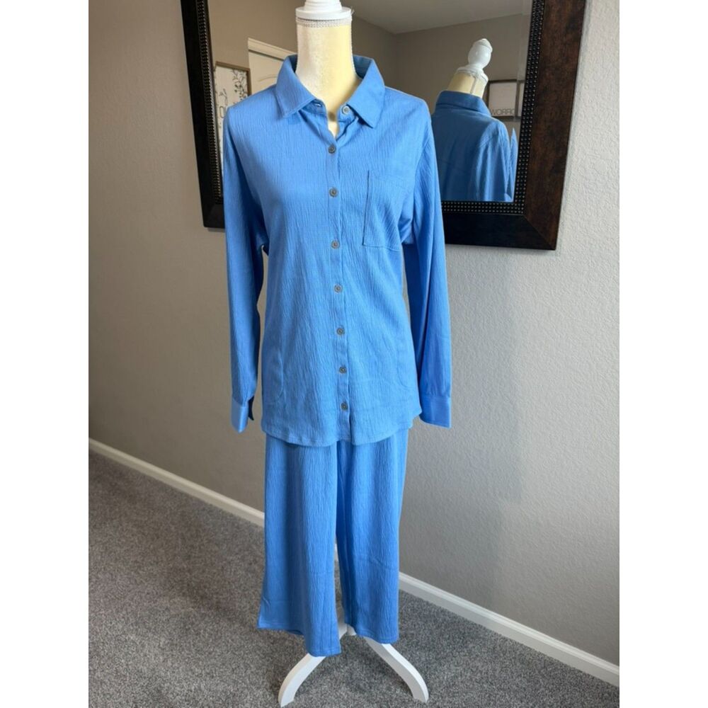 Belle by Kim Gravel 2 Piece Set Women L Blue Button Shirt Wide Leg Pants Travel
